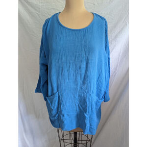 Jones New York Blue Gauzy 100% Cotton 3/4 Sleeve Top Women's 1X Coastal Beachy